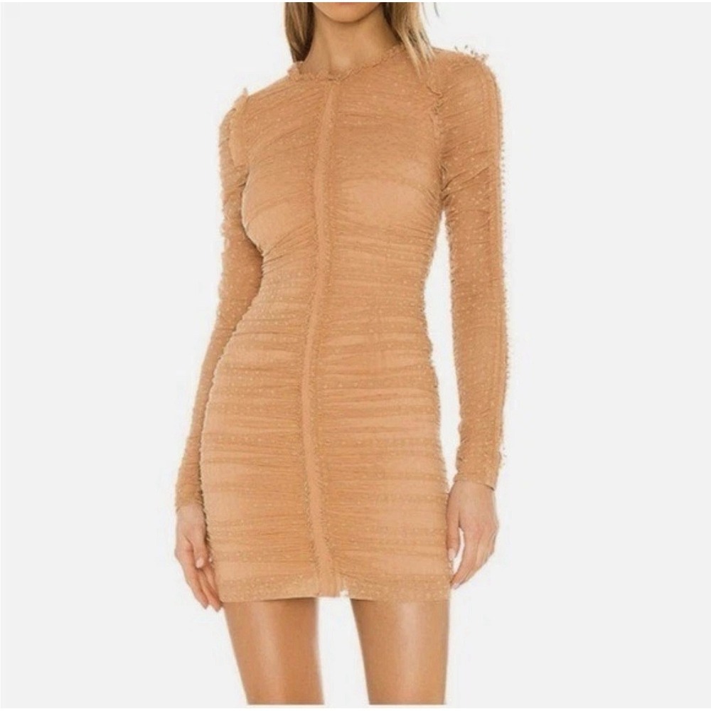 NBD Revolve Las Olas Long Sleeve Mini Dress in Nude Size Small Hearts Ruched